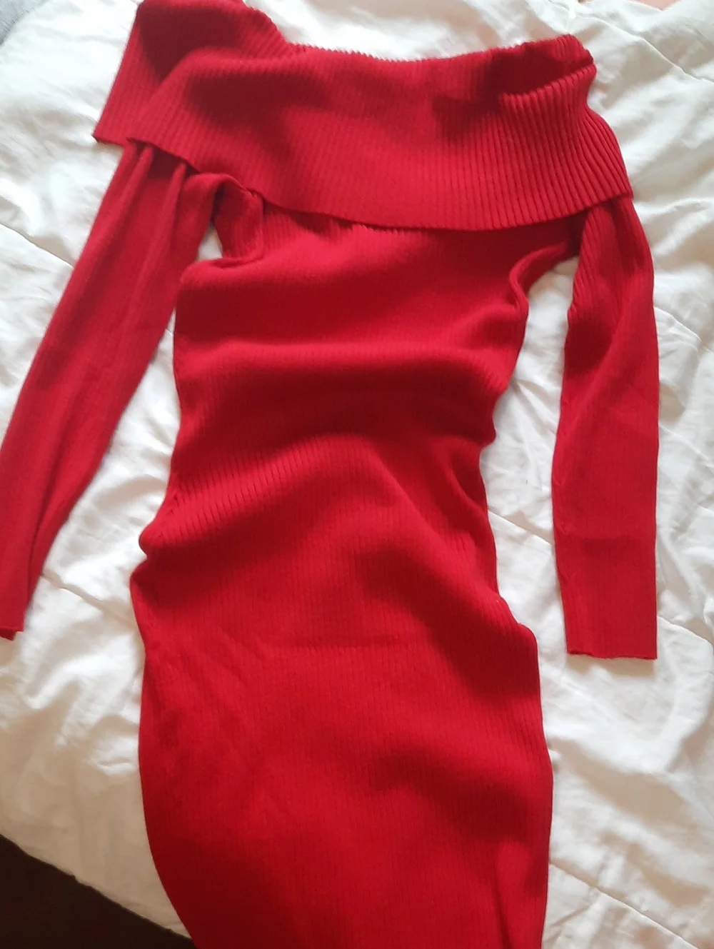 Red Off-Shoulder Ribbed Sweater Dress - Women